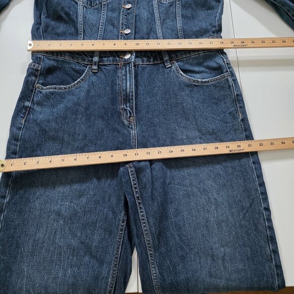 Zara Denim Jumpsuit Women XL Blue LS Button Front Zip Fly Distressed Grunge Boho - Picture 5 of 15